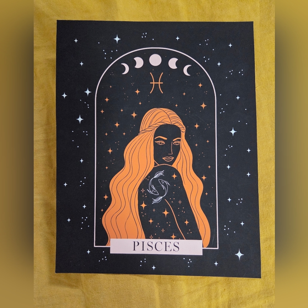 Pisces Zodiac Art Print with Orange Accents